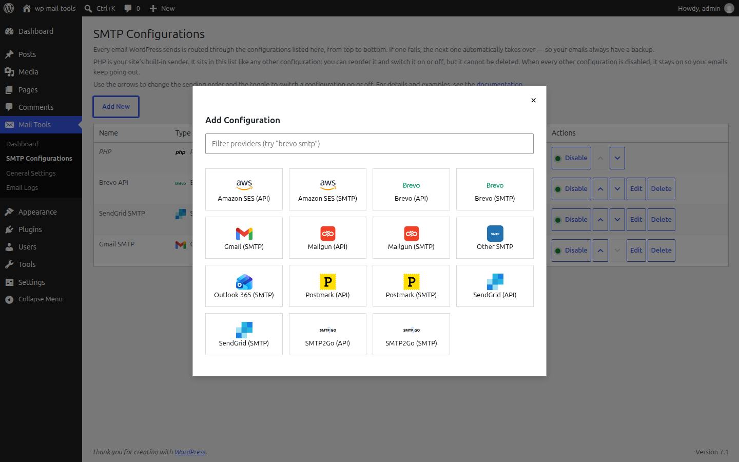 Add Configuration dialog with a grid of email provider presets