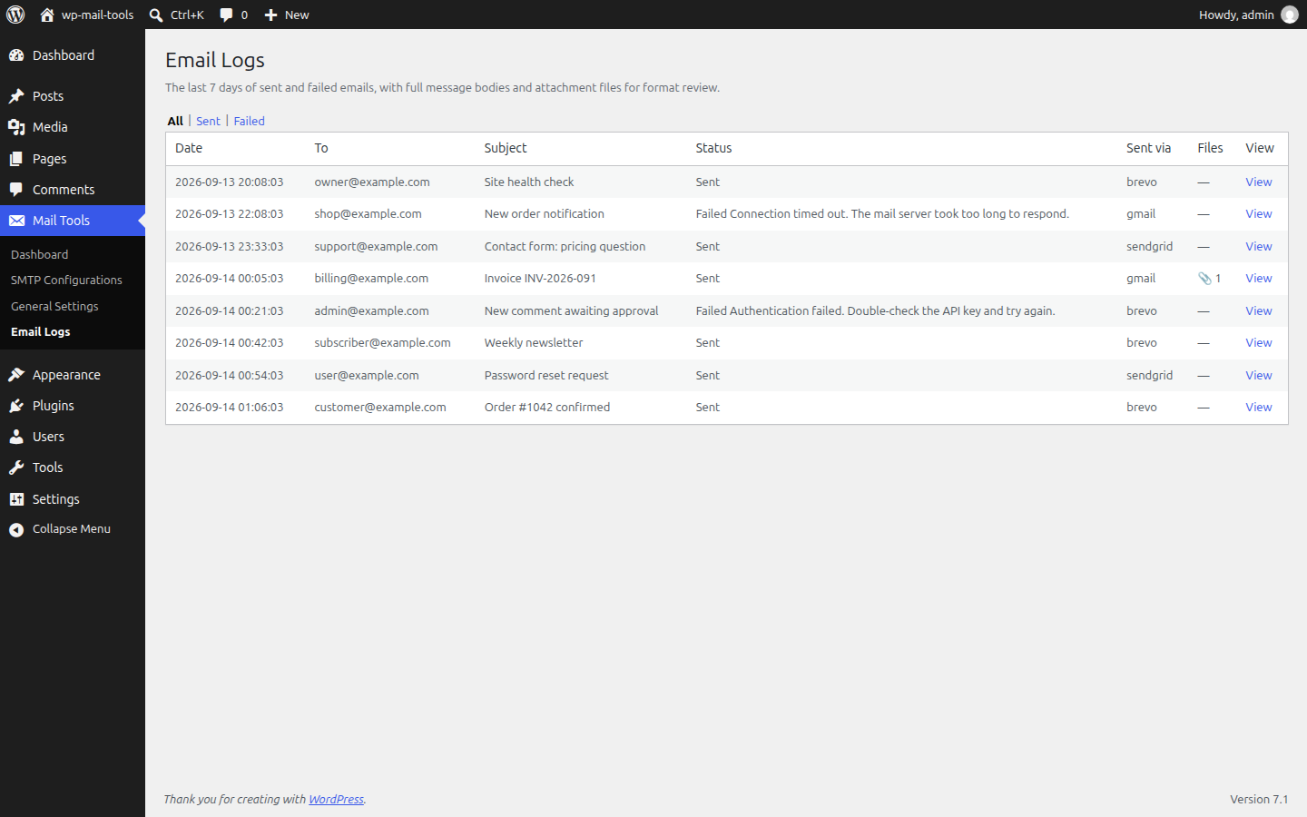 Email Logs list showing sent and failed emails with recipients, subjects, and error messages